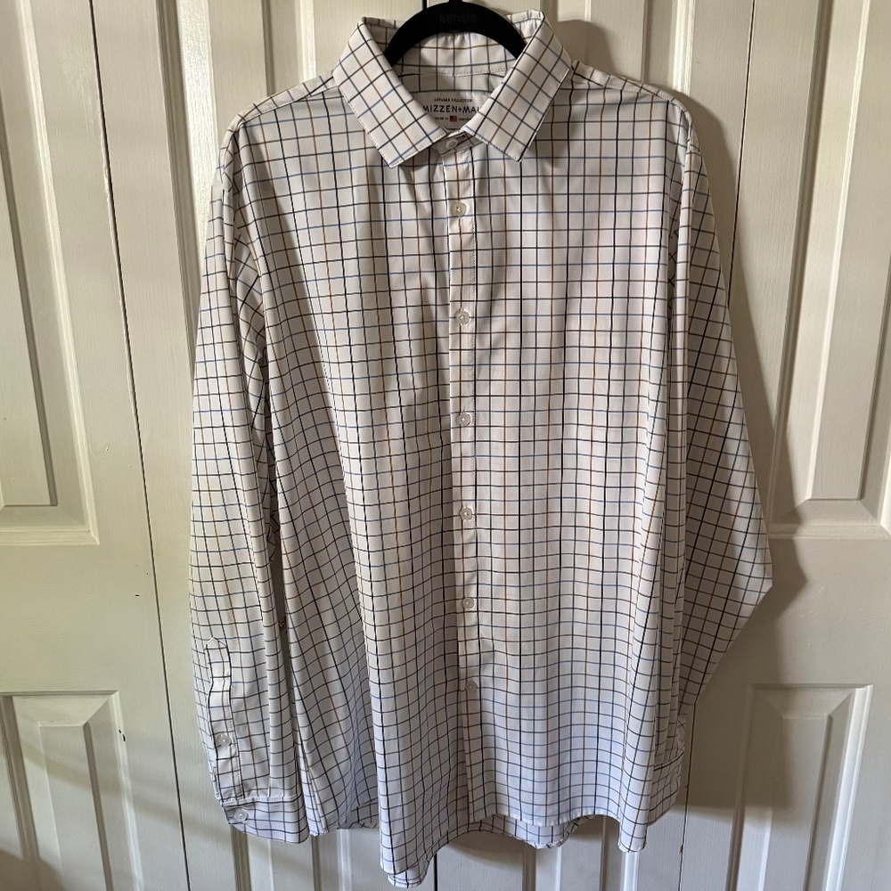 Mizzen + Main "leeward collection" blue stripped  long sleeve button down trim f